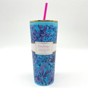 Lilly Pulitzer Tumbler 24 Oz Floral Shells N Bells Blue Pink Tropical Beach Chic